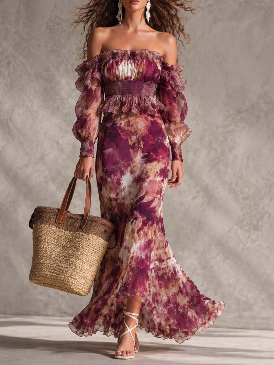 Frida™ | Vestido maxi rosa floral de gasa con hombros descubiertos