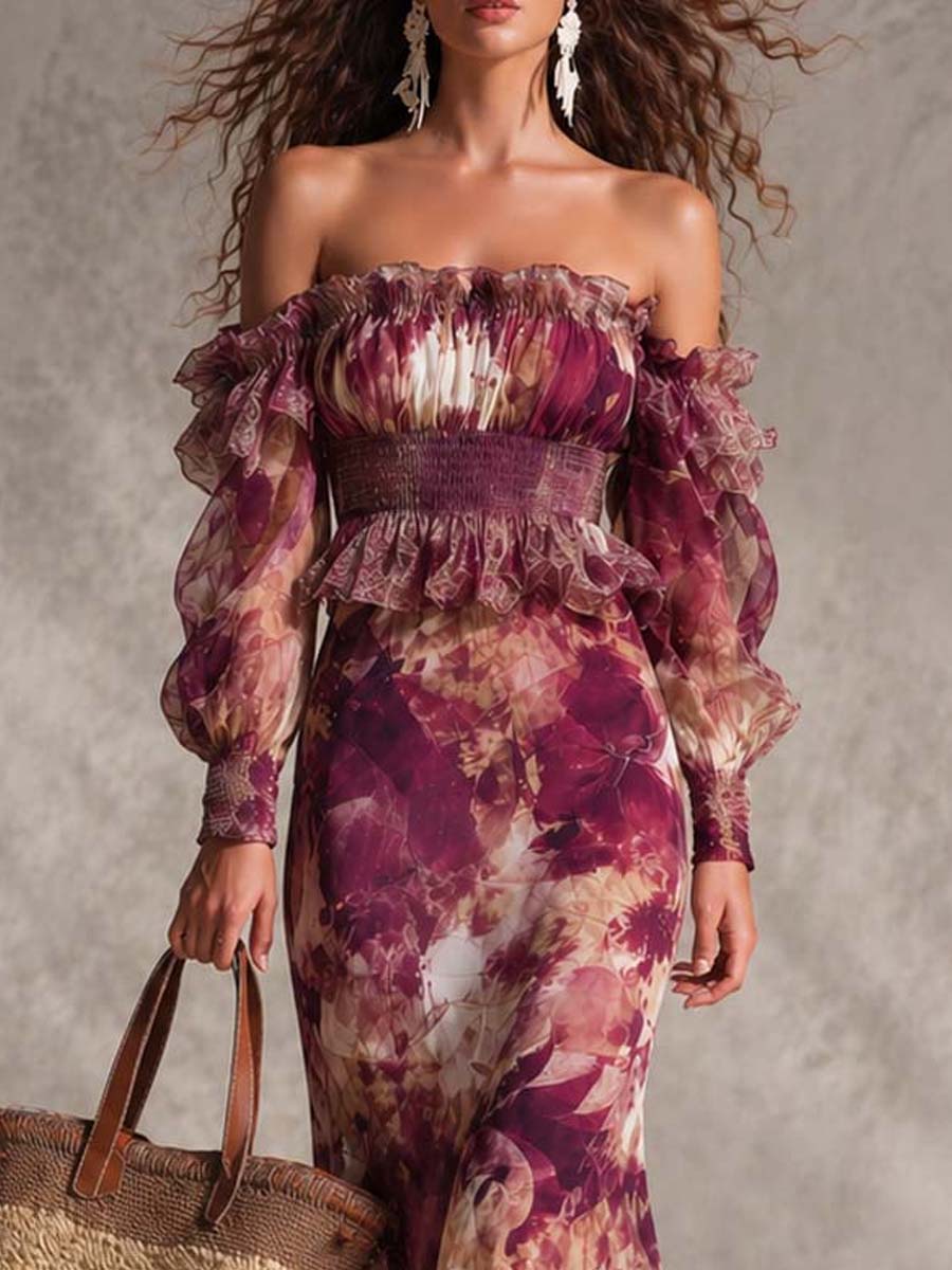 Frida™ | Vestido maxi rosa floral de gasa con hombros descubiertos