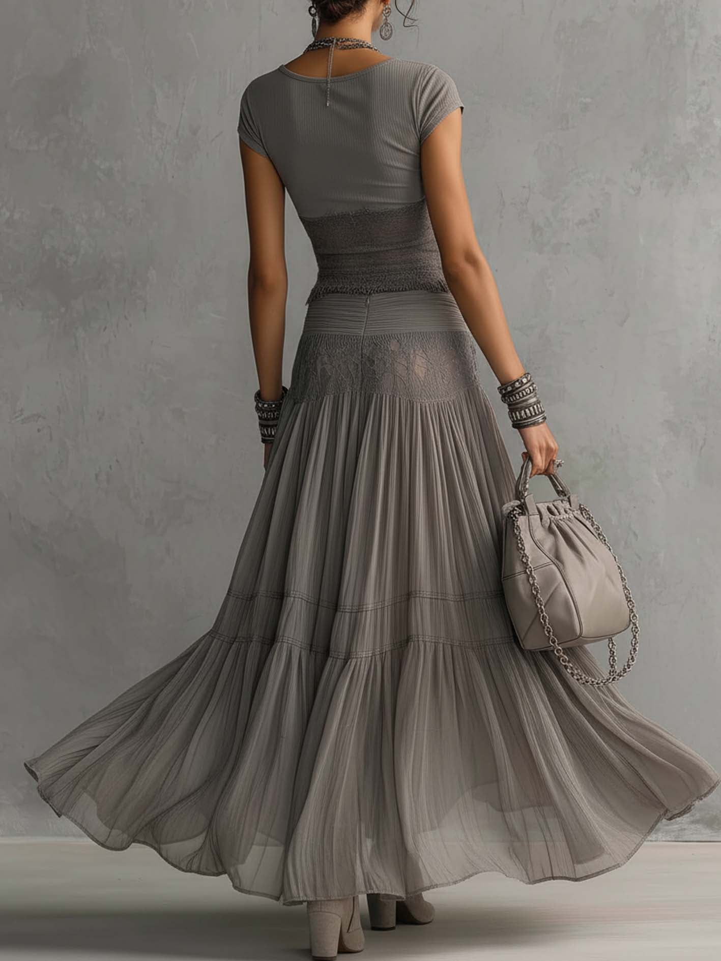 Alondra™ | Conjunto gris de top de encaje transparente y falda maxi plisada