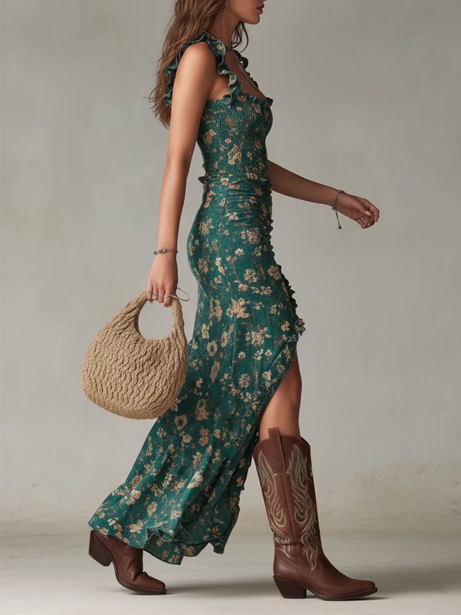 Valentina™ | Vestido maxi verde bohemio con mangas de volantes