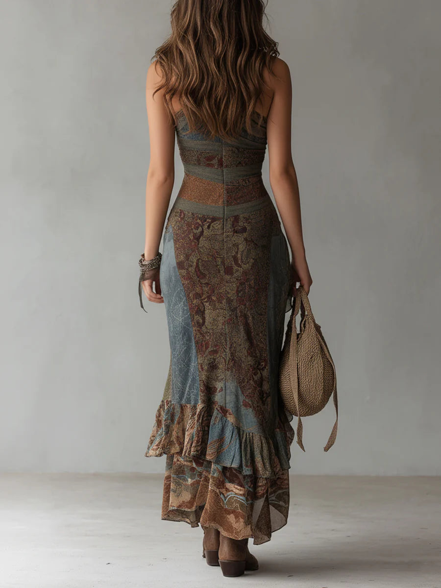 Camila™ | Vestido maxi gris de un hombro con estampado étnico y abertura alta
