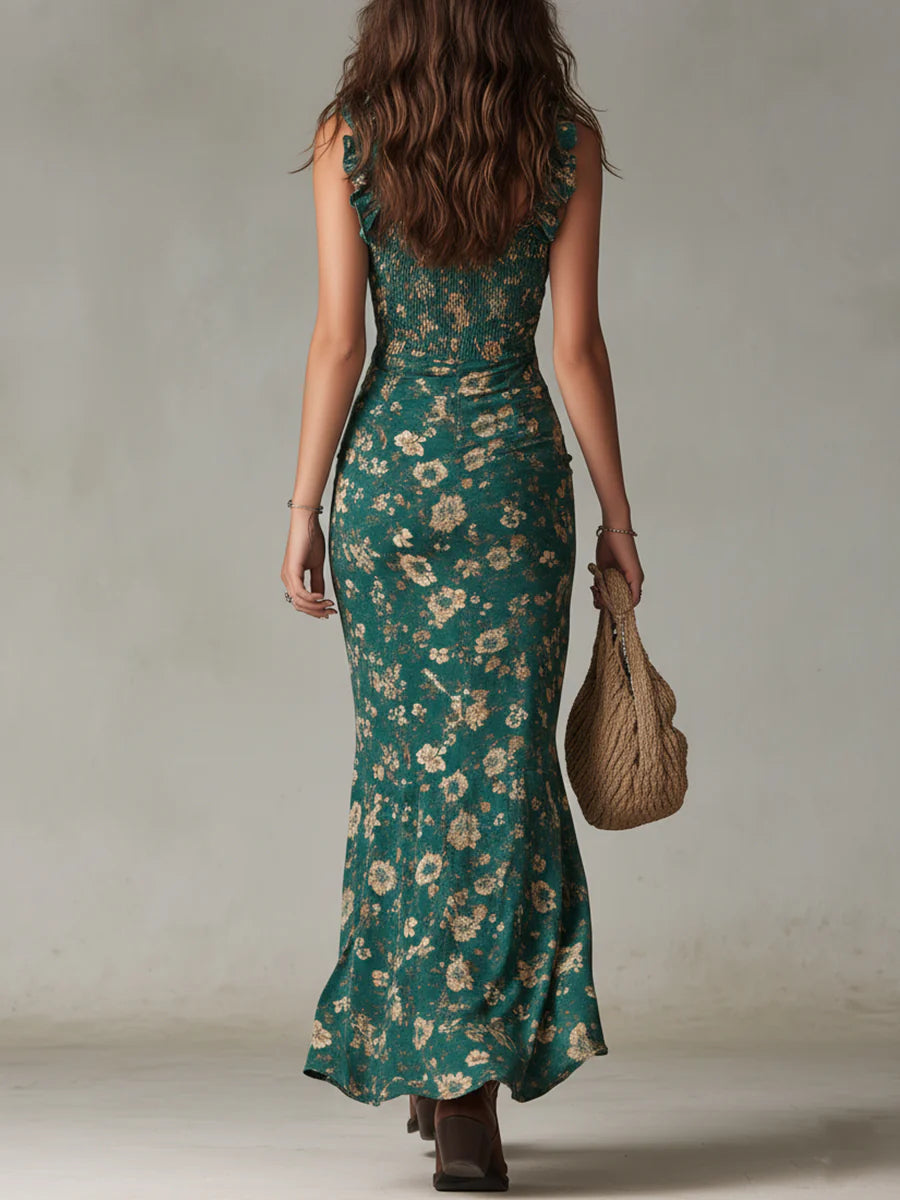 Valentina™ | Vestido maxi verde bohemio con mangas de volantes