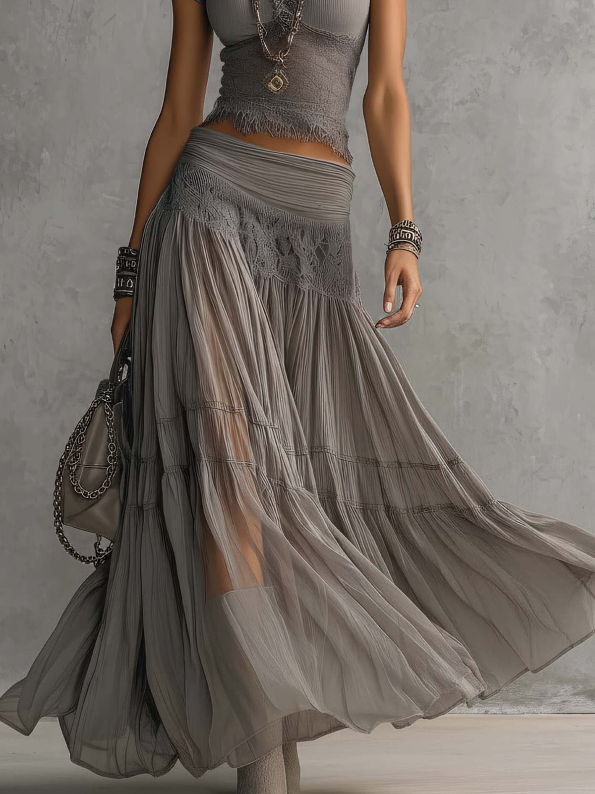Alondra™ | Conjunto gris de top de encaje transparente y falda maxi plisada