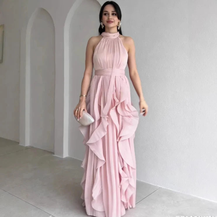 Luciana™ | Vestido Maxi Halter Cuello Alto con Falda de Capas con Volantes