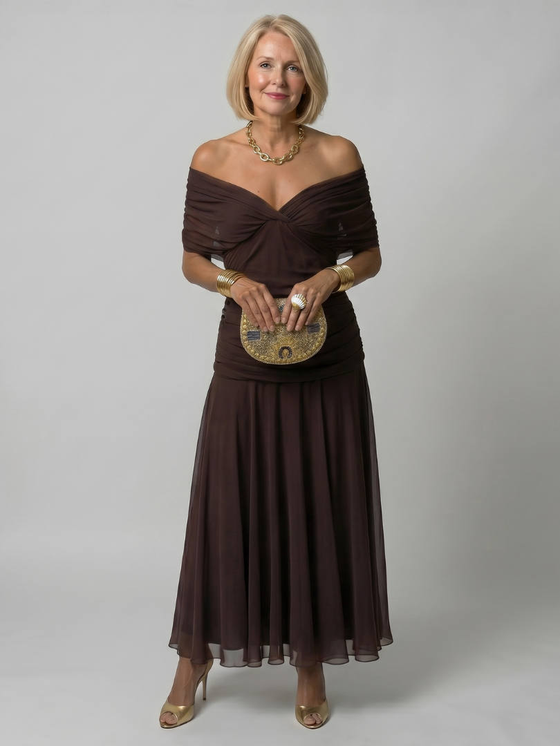 Calen™ | Vestido Midi Hombros Descubiertos con Falda Fluida
