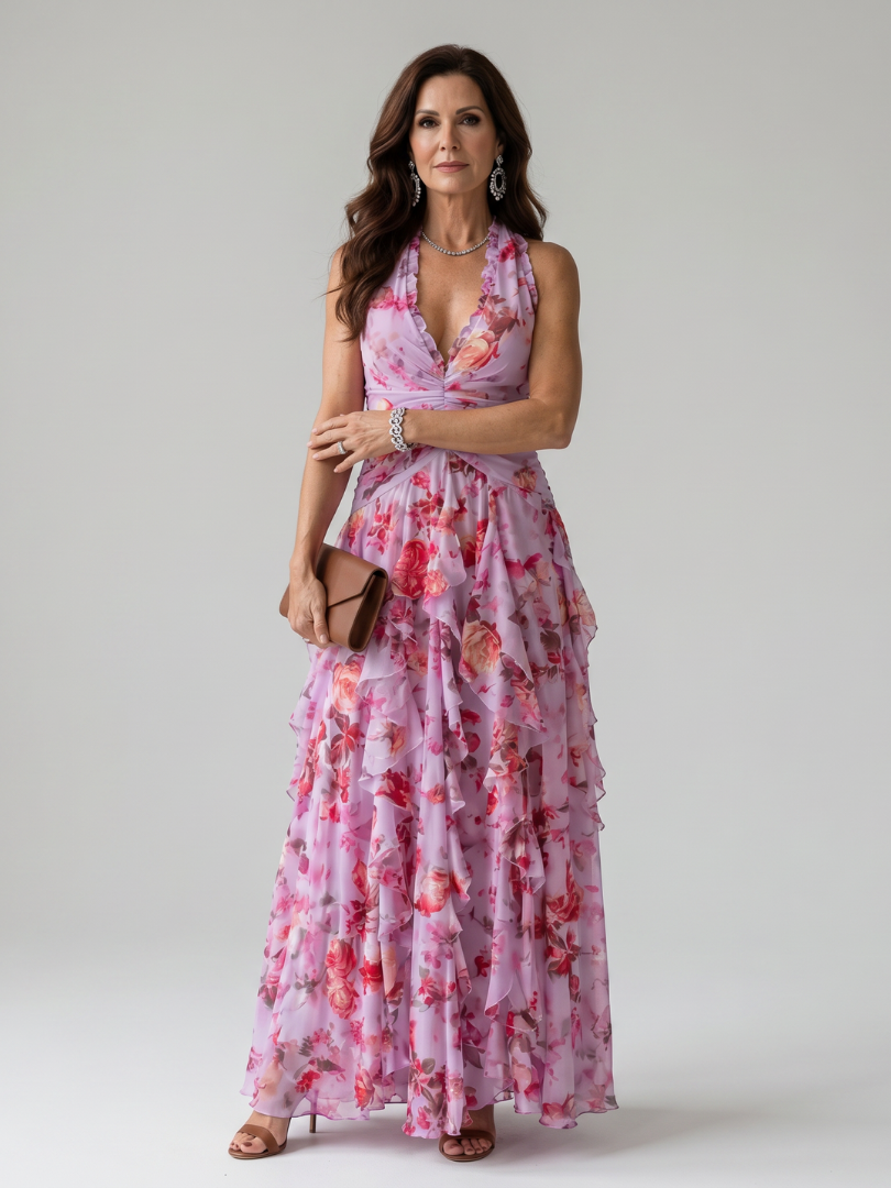 Verónica™ | Vestido Maxi Halter Fruncido con Falda Floral en Capas