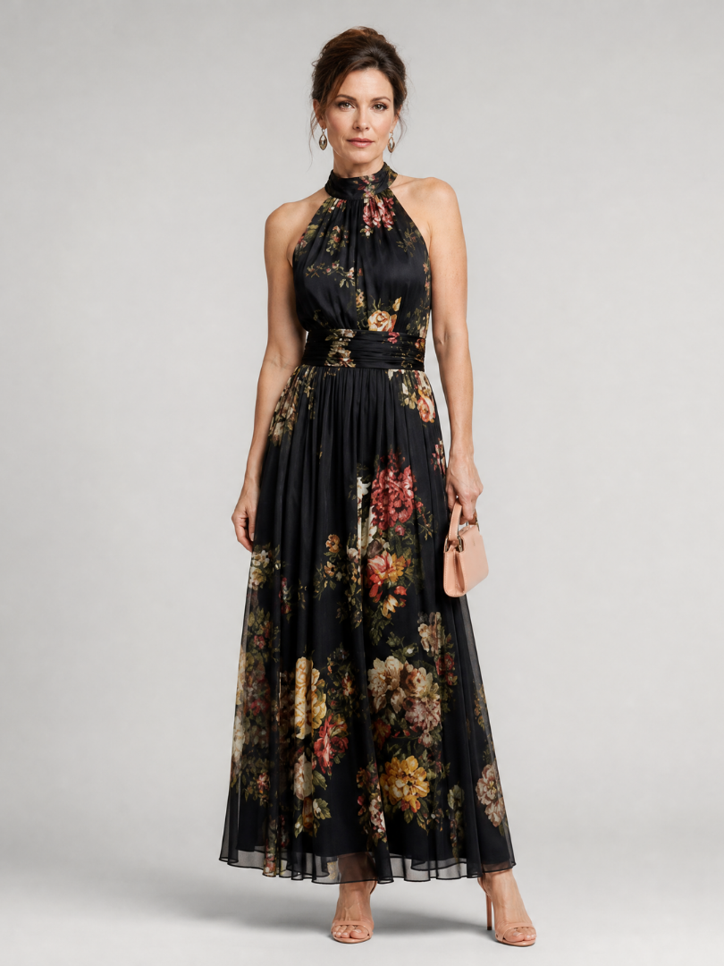 Isabela™ | Vestido Midi Halter con Estampado Floral y Falda Fluida