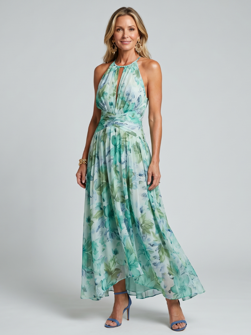 Ximena™ | Vestido Midi Halter Plisado con Estampado Floral Suave