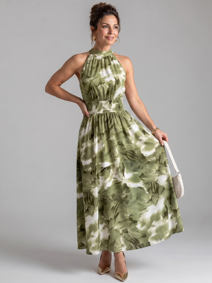 Mariana™ | Vestido Midi Halter con Cintura Fruncida y Estampado Abstracto