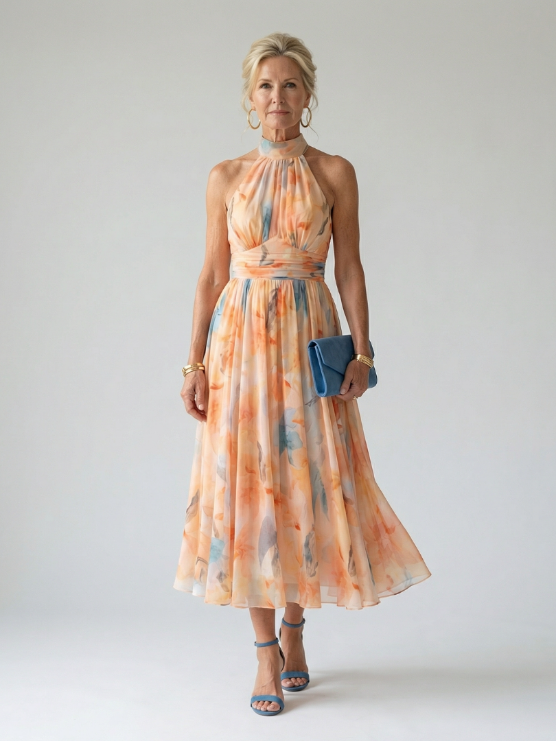 Sofía™ | Vestido Midi Halter Suave con Cuerpo Fruncido