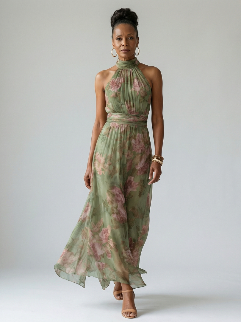 Valentina™ | Vestido Midi Halter con Cuerpo Fruncido Floral