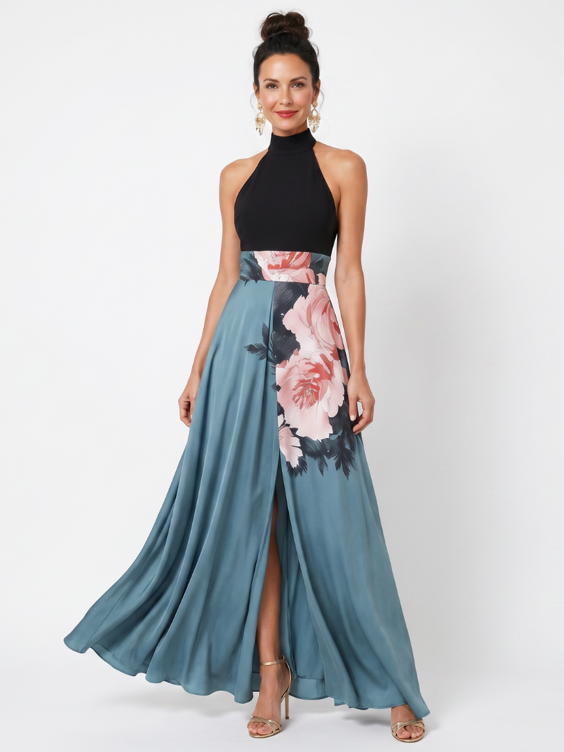 Yolanda™ | Vestido Maxi Halter con Falda Floral y Abertura Frontal