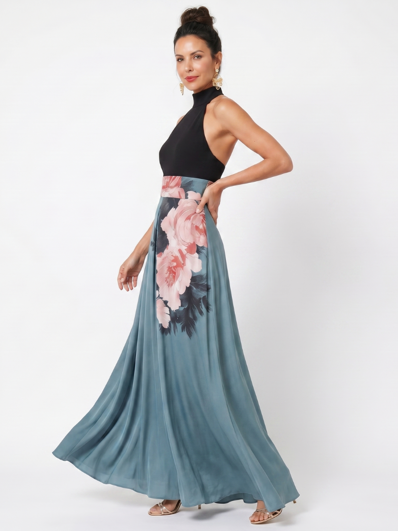 Yolanda™ | Vestido Maxi Halter con Falda Floral y Abertura Frontal