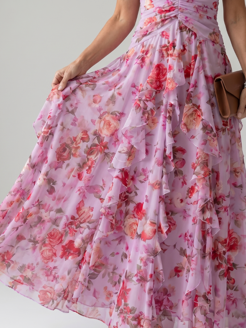 Verónica™ | Vestido Maxi Halter Fruncido con Falda Floral en Capas