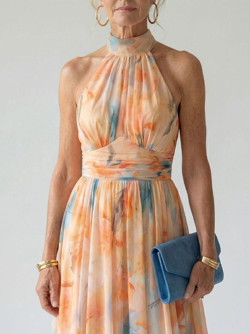 Sofía™ | Vestido Midi Halter Suave con Cuerpo Fruncido