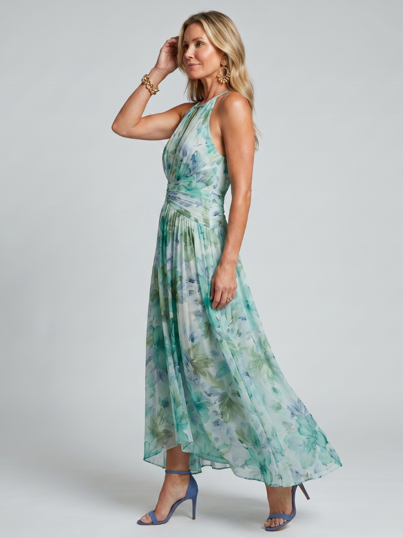 Ximena™ | Vestido Midi Halter Plisado con Estampado Floral Suave