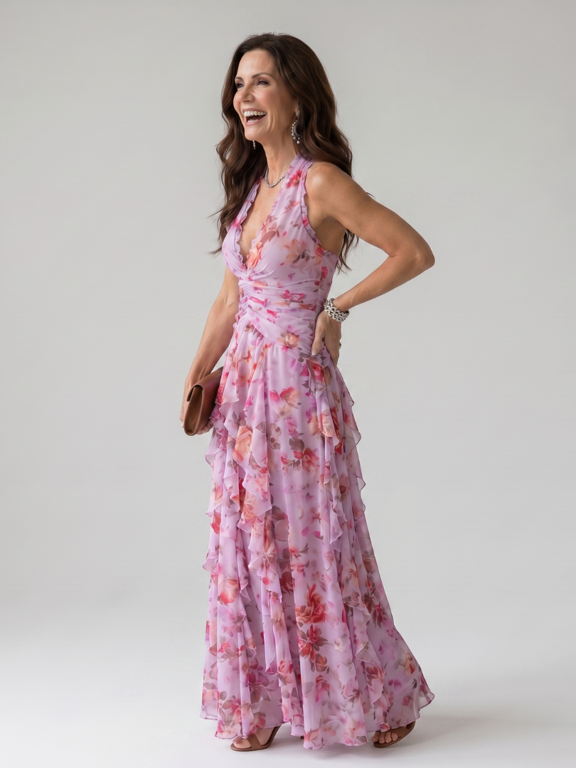 Verónica™ | Vestido Maxi Halter Fruncido con Falda Floral en Capas