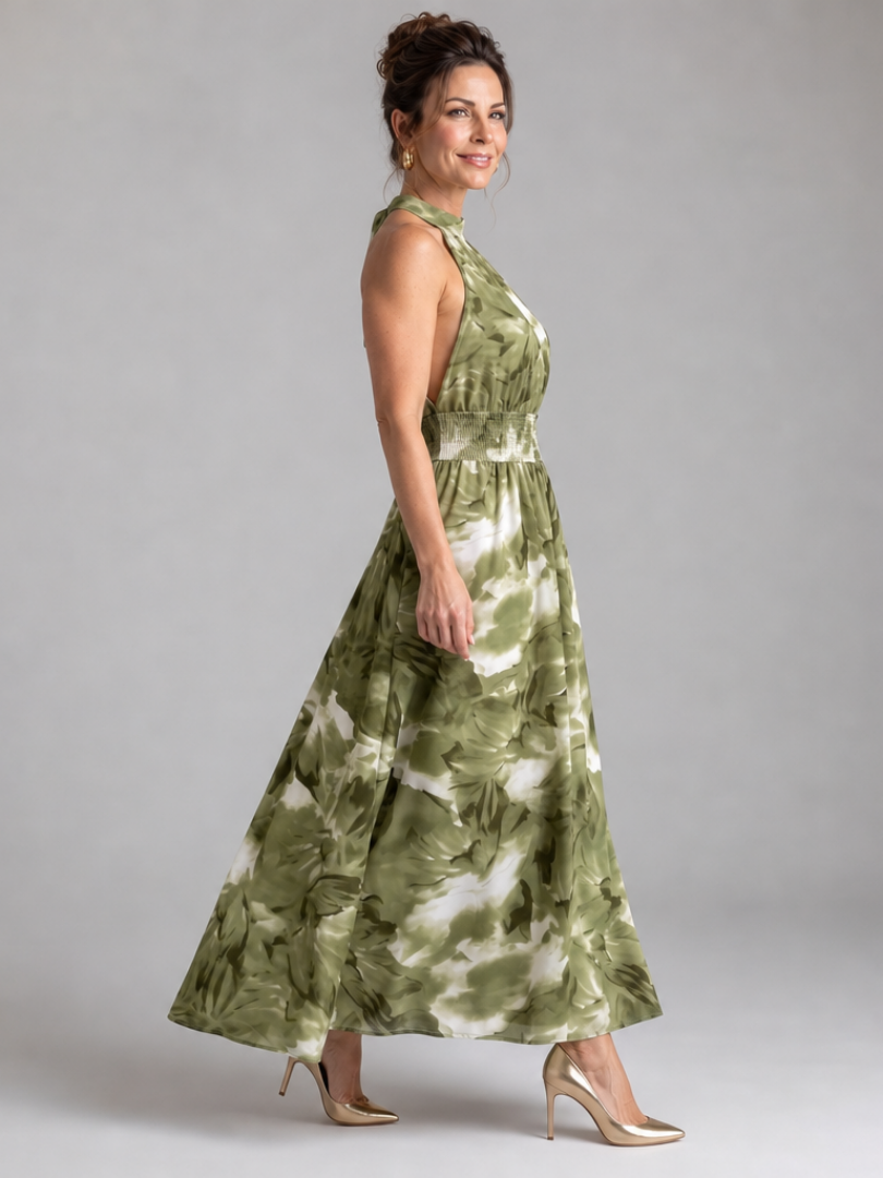 Mariana™ | Vestido Midi Halter con Cintura Fruncida y Estampado Abstracto