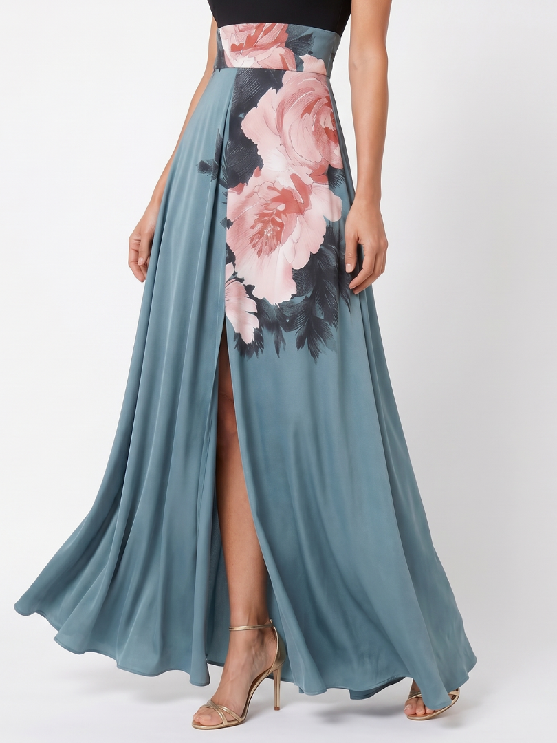 Yolanda™ | Vestido Maxi Halter con Falda Floral y Abertura Frontal