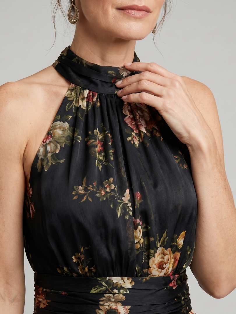 Isabela™ | Vestido Midi Halter con Estampado Floral y Falda Fluida