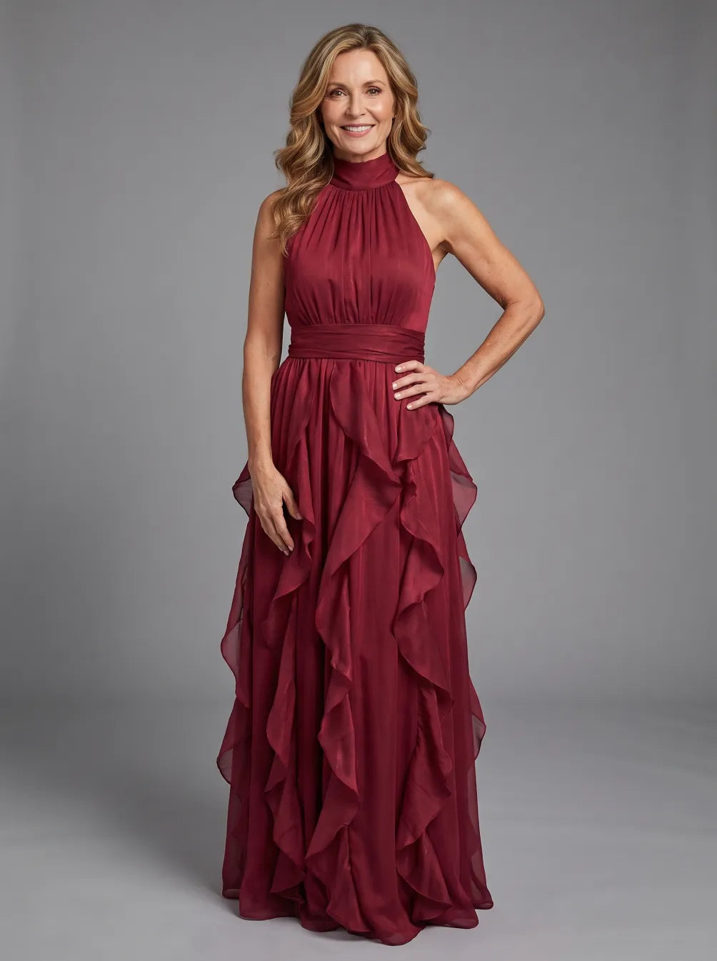 Luciana™ | Vestido Maxi Halter Cuello Alto con Falda de Capas con Volantes