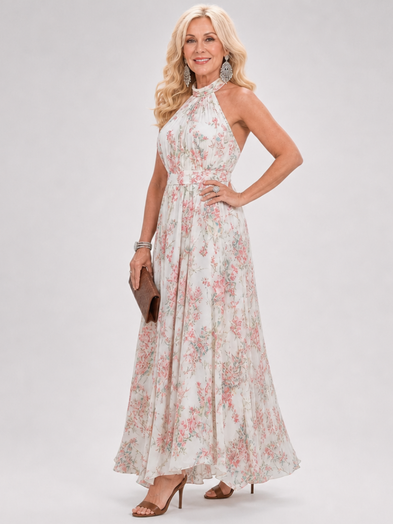 Esperanza™ | Vestido Midi Halter con Falda Floral Fluida