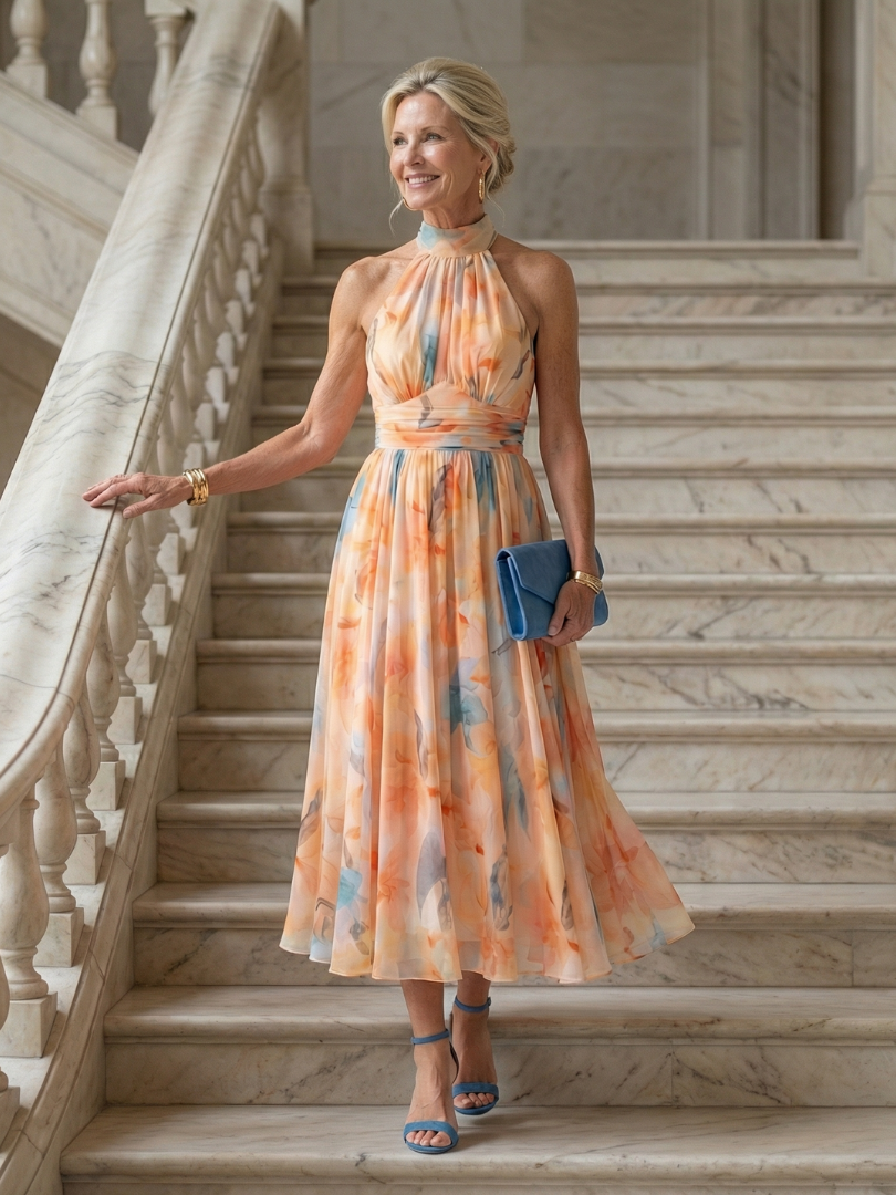 Sofía™ | Vestido Midi Halter Suave con Cuerpo Fruncido