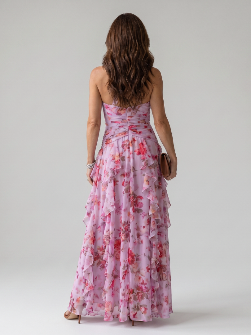 Verónica™ | Vestido Maxi Halter Fruncido con Falda Floral en Capas