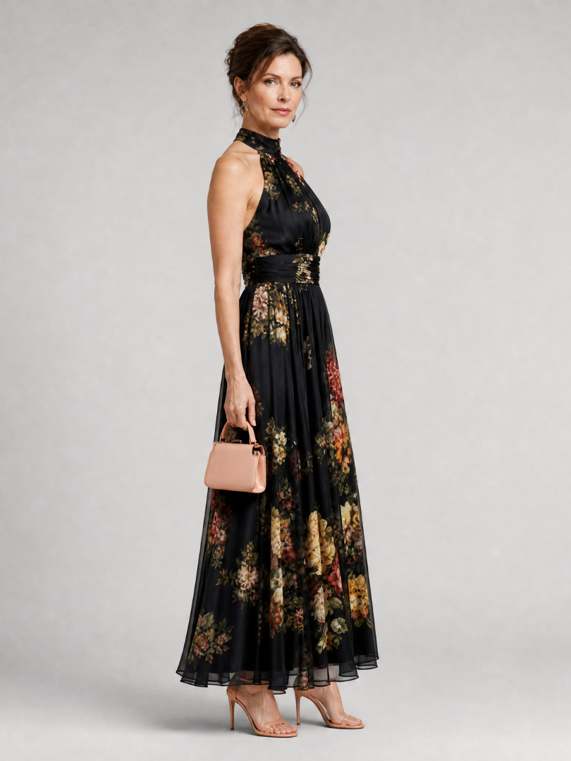 Isabela™ | Vestido Midi Halter con Estampado Floral y Falda Fluida