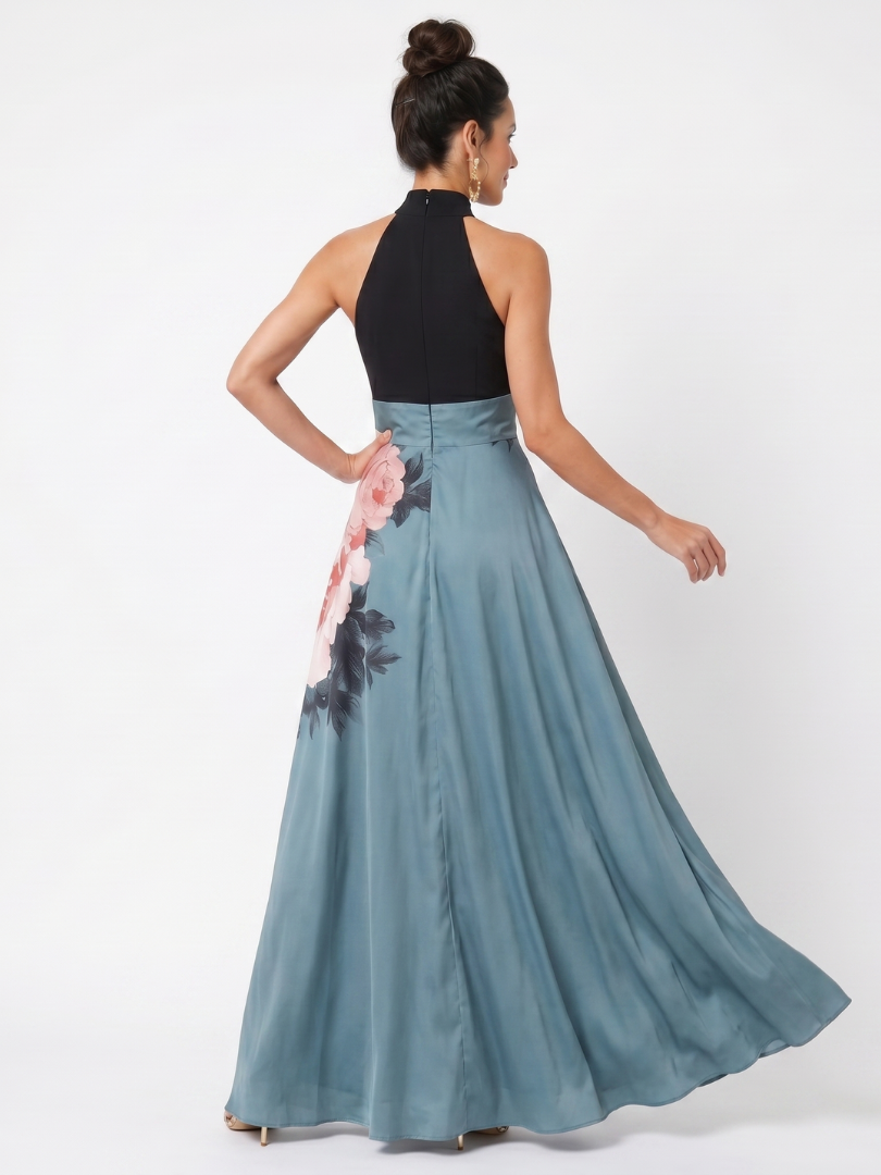 Yolanda™ | Vestido Maxi Halter con Falda Floral y Abertura Frontal