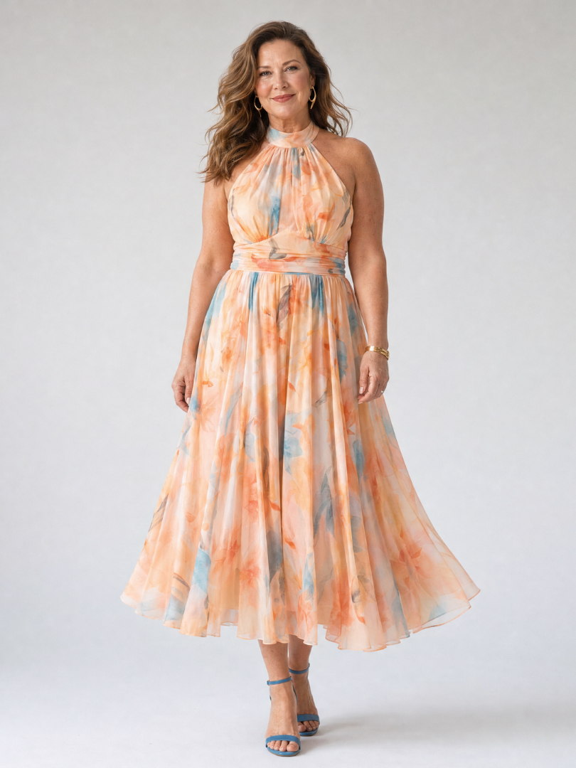 Sofía™ | Vestido Midi Halter Suave con Cuerpo Fruncido