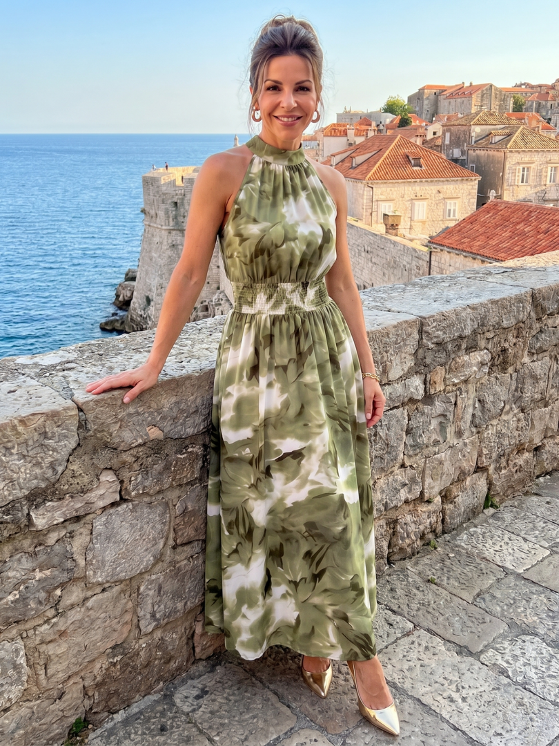Mariana™ | Vestido Midi Halter con Cintura Fruncida y Estampado Abstracto