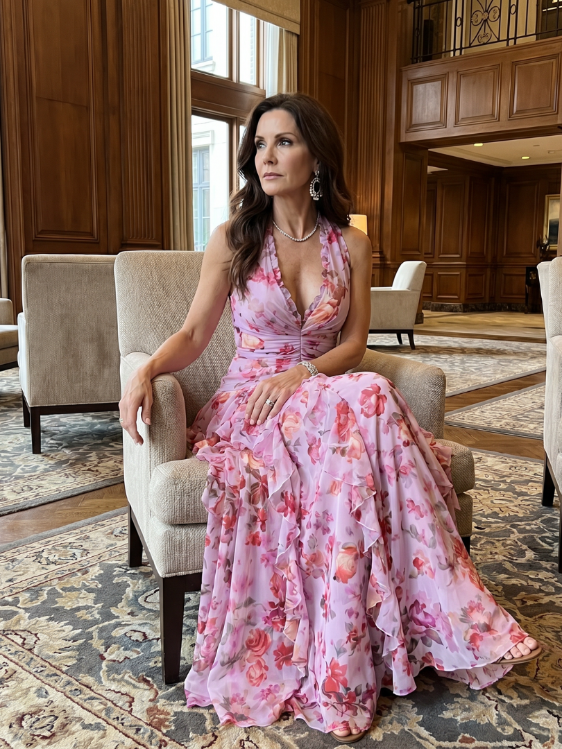 Verónica™ | Vestido Maxi Halter Fruncido con Falda Floral en Capas
