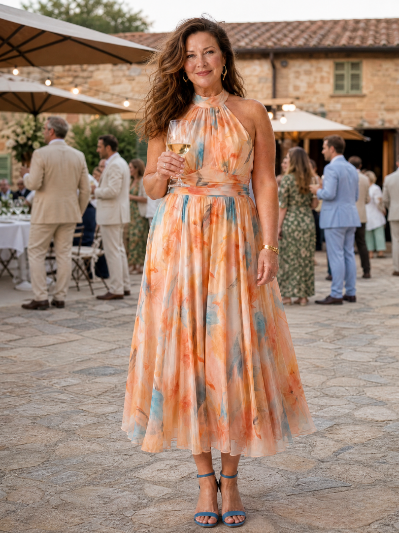 Sofía™ | Vestido Midi Halter Suave con Cuerpo Fruncido