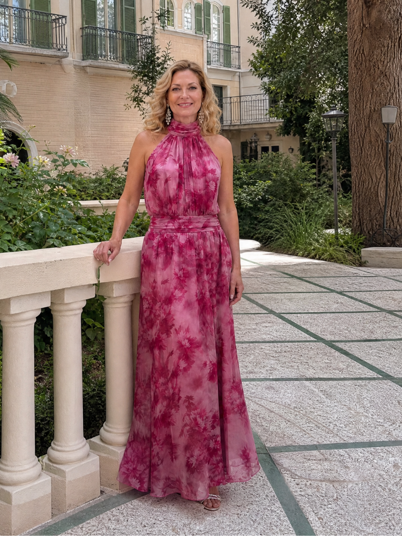 Itzel™ | Vestido Midi Halter Suave con Cuerpo Fruncido