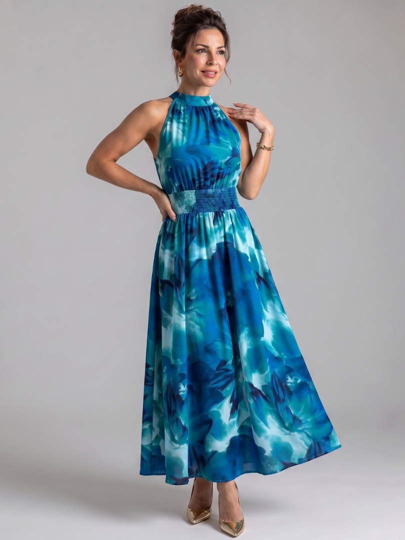 Mariana™ | Vestido Midi Halter con Cintura Fruncida y Estampado Abstracto
