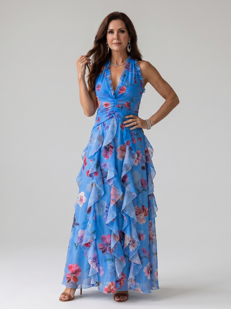 Verónica™ | Vestido Maxi Halter Fruncido con Falda Floral en Capas