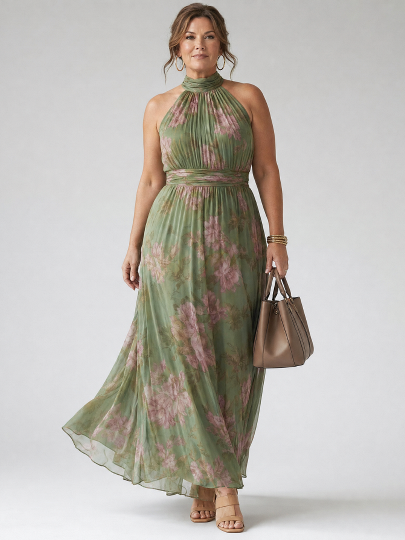 Valentina™ | Vestido Midi Halter con Cuerpo Fruncido Floral