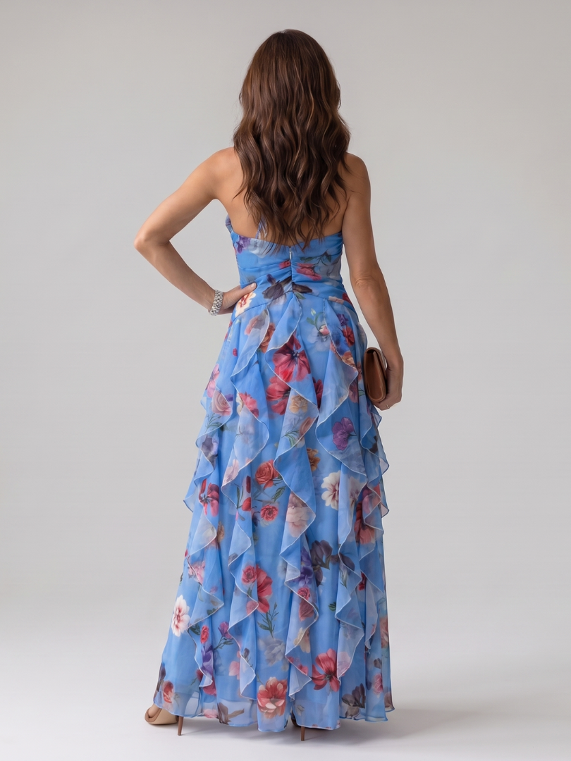 Verónica™ | Vestido Maxi Halter Fruncido con Falda Floral en Capas