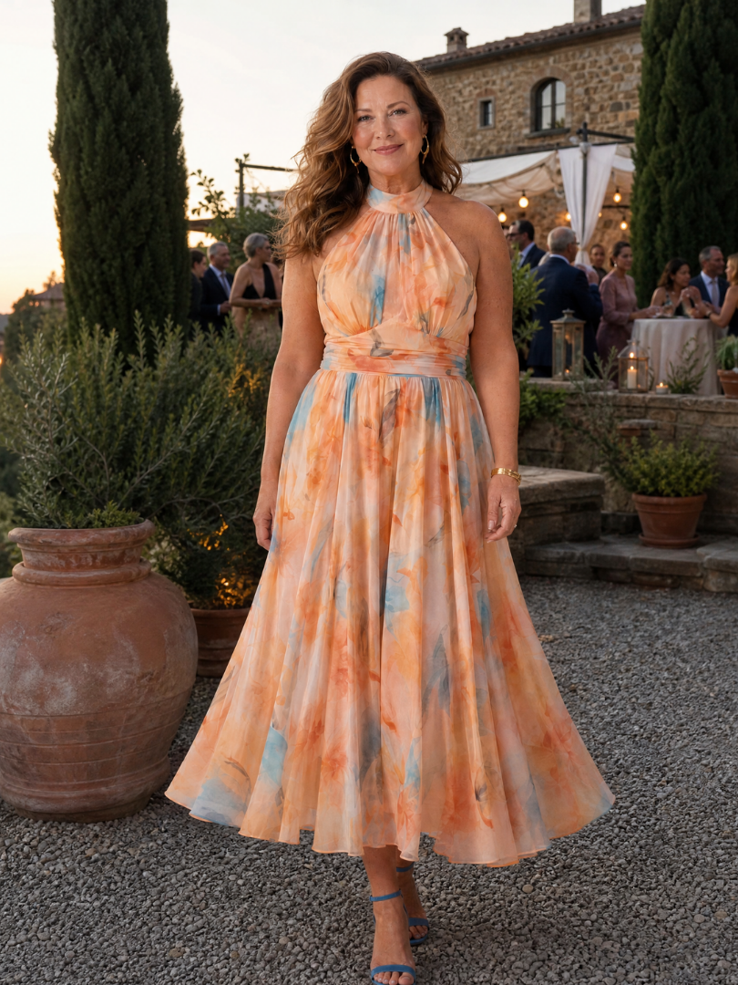 Sofía™ | Vestido Midi Halter Suave con Cuerpo Fruncido