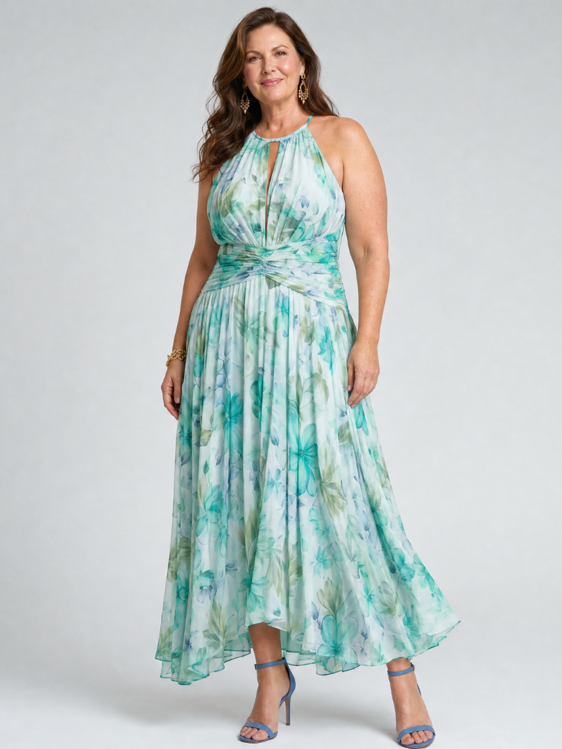 Ximena™ | Vestido Midi Halter Plisado con Estampado Floral Suave