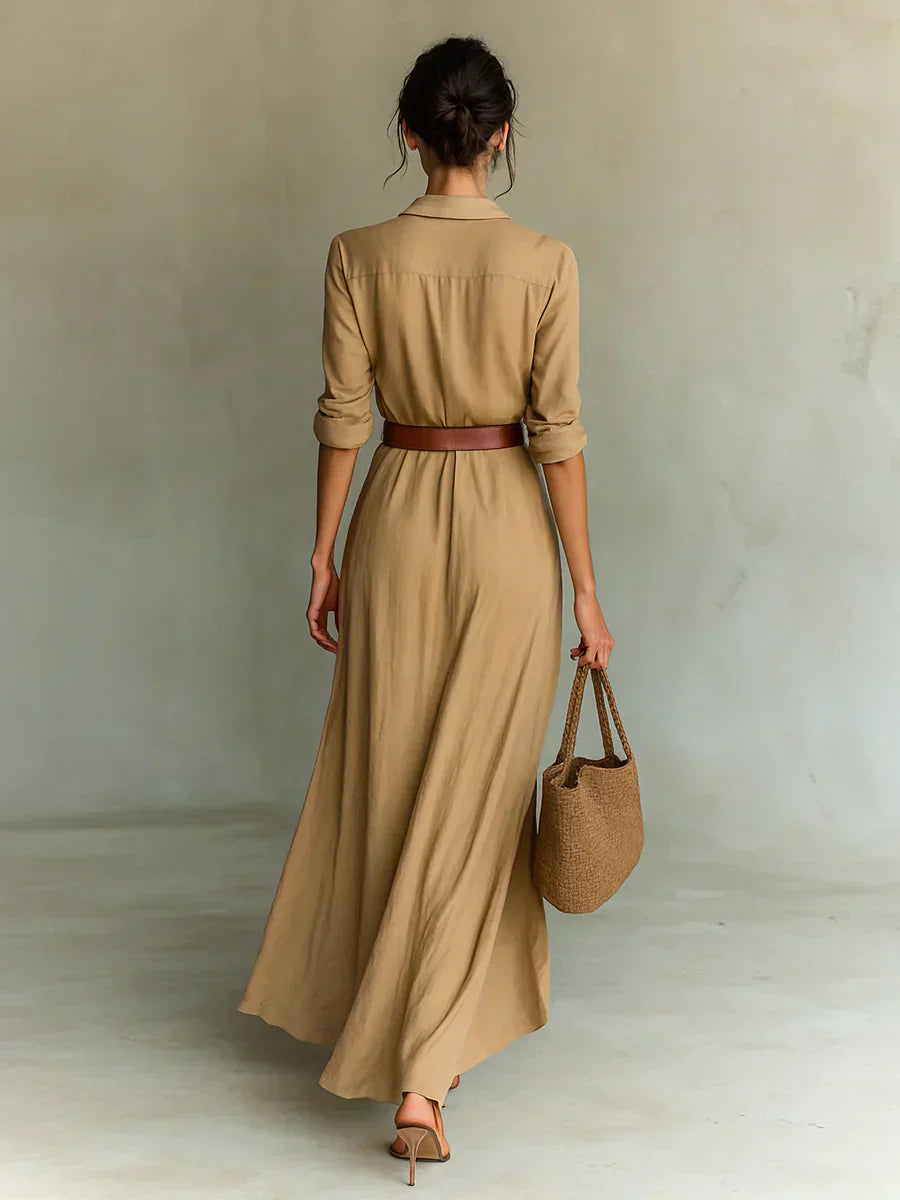 Concepción™ | Vestido Maxi con Solapa y Cinturón en la Cintura
