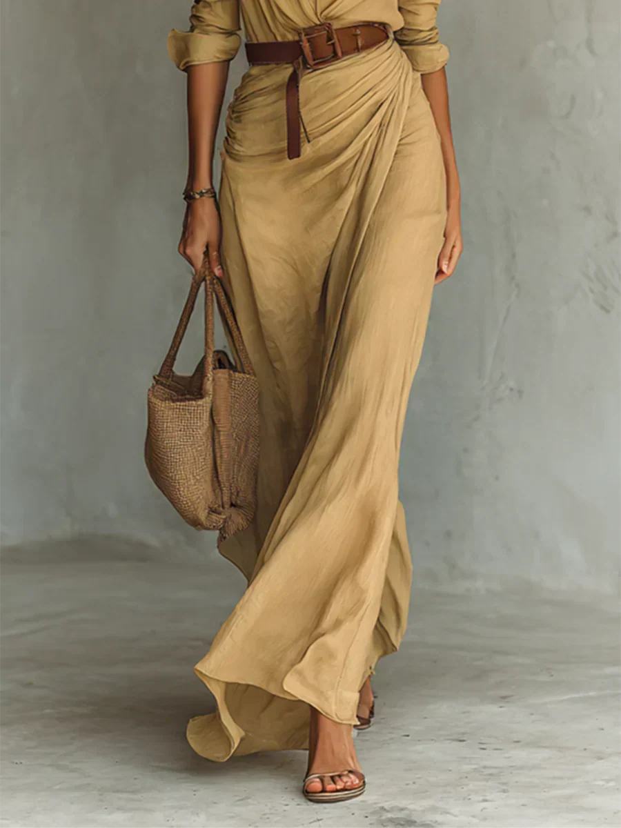 Concepción™ | Vestido Maxi con Solapa y Cinturón en la Cintura