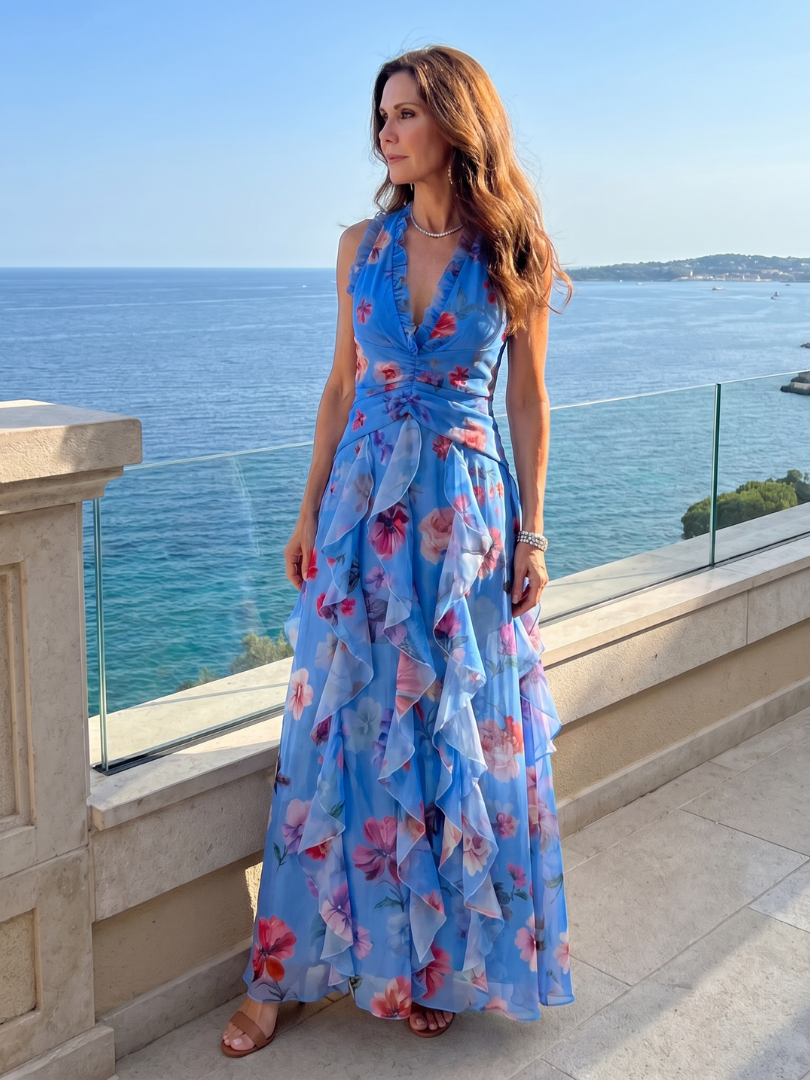 Verónica™ | Vestido Maxi Halter Fruncido con Falda Floral en Capas