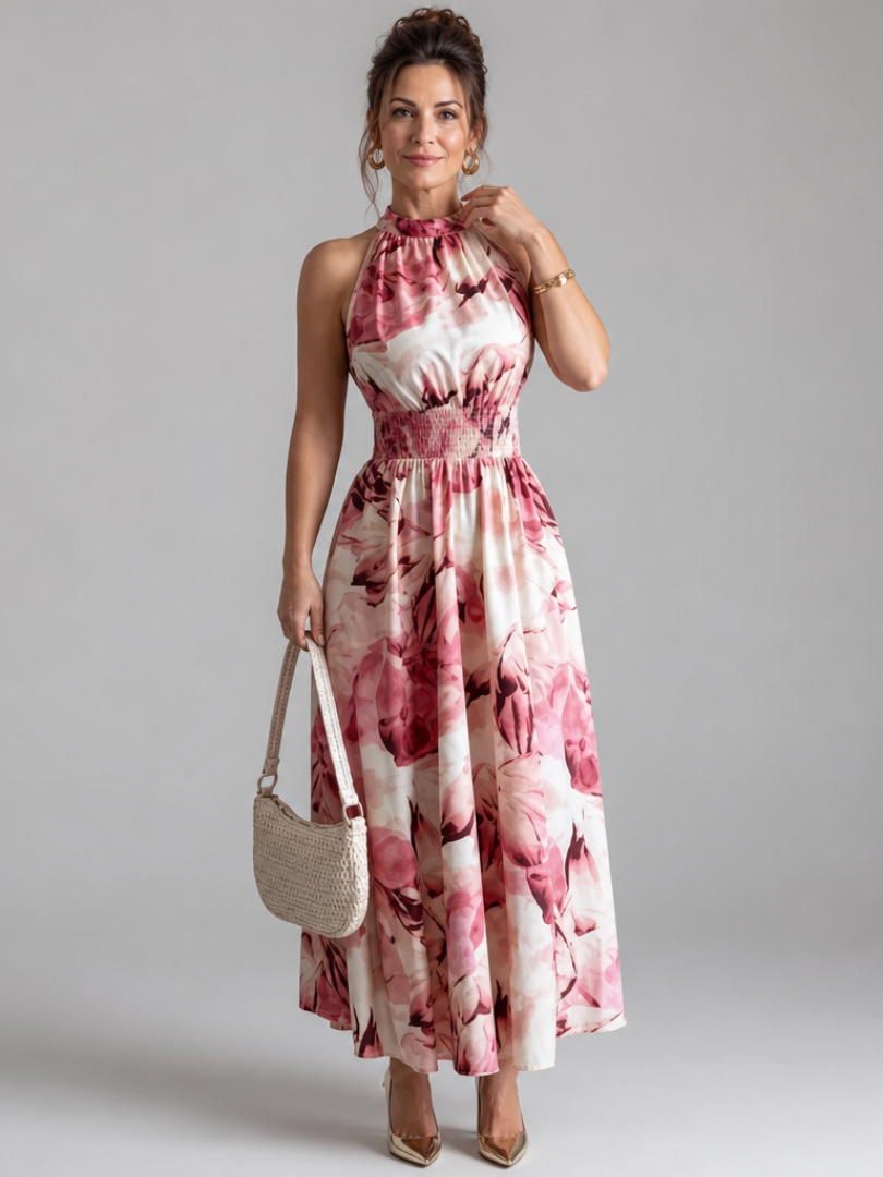 Mariana™ | Vestido Midi Halter con Cintura Fruncida y Estampado Abstracto