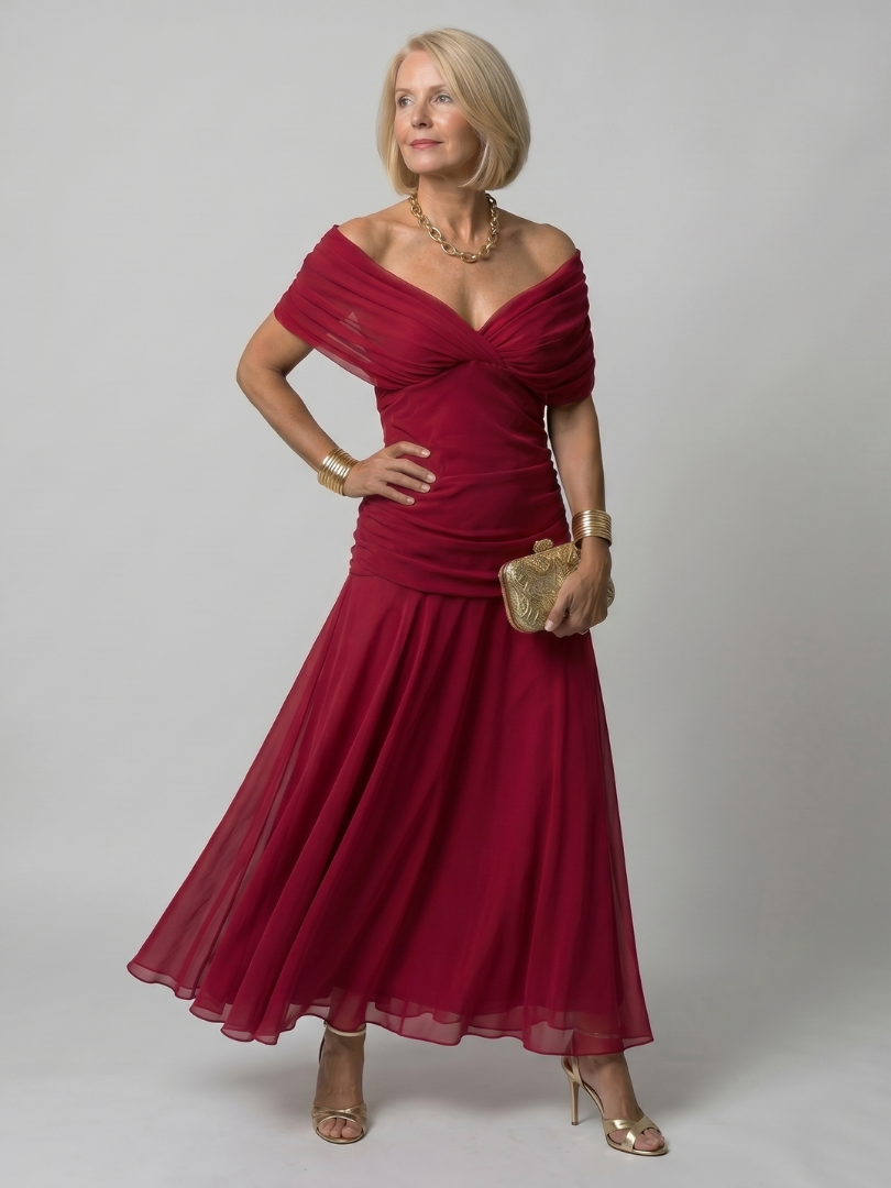 Calen™ | Vestido Midi Hombros Descubiertos con Falda Fluida