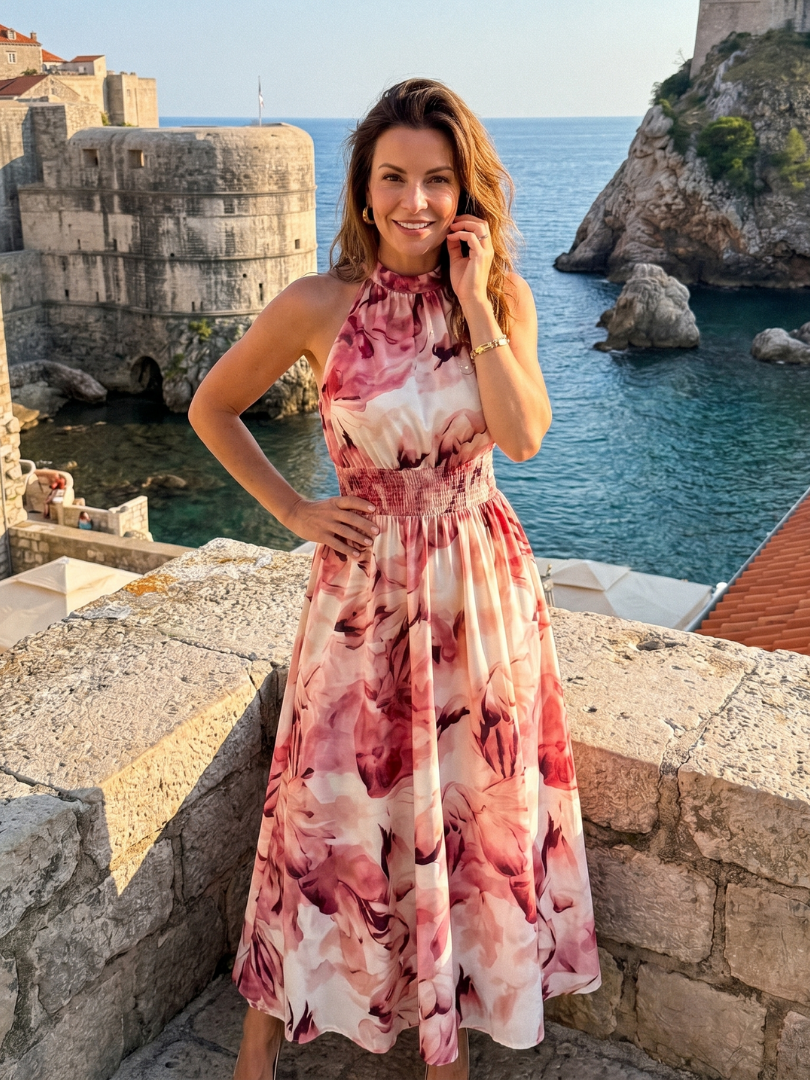 Mariana™ | Vestido Midi Halter con Cintura Fruncida y Estampado Abstracto