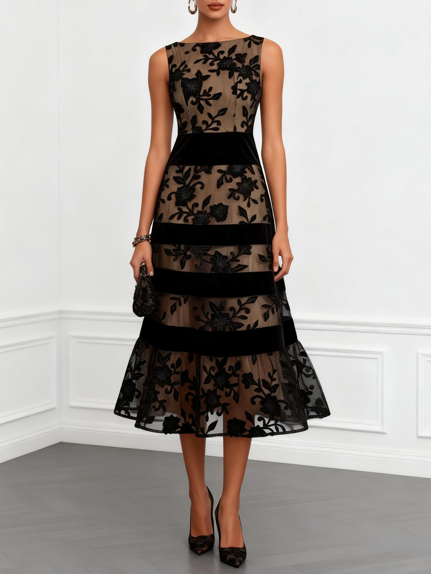 Montserrat™ | Vestido midi negro de malla floral, cuello barco, sin mangas