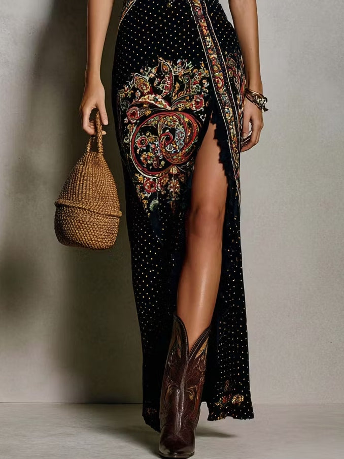 Ximena™ | Vestido bohemio negro con escote profundo en V y abertura alta