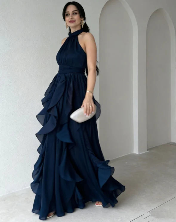 Luciana™ | Vestido Maxi Halter Cuello Alto con Falda de Capas con Volantes